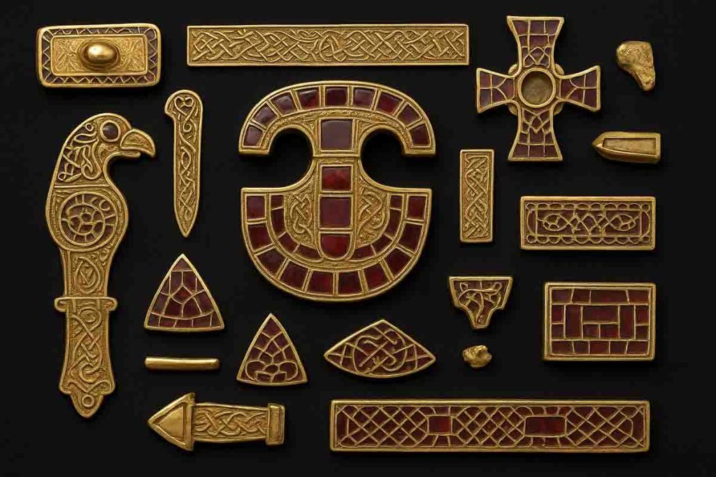 Hand holding a gold Anglo-Saxon artifact from the Staffordshire Hoard with intricate red garnet inlays.