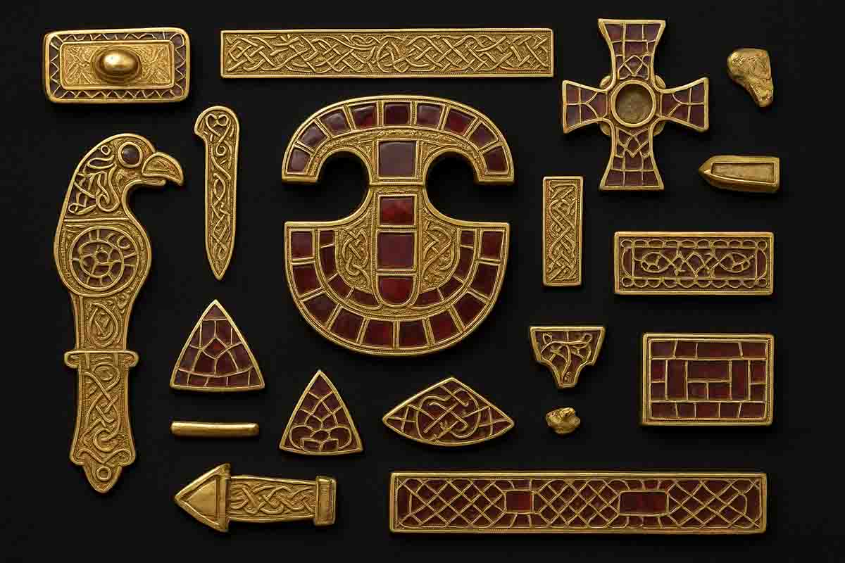 Hand holding a gold Anglo-Saxon artifact from the Staffordshire Hoard with intricate red garnet inlays.